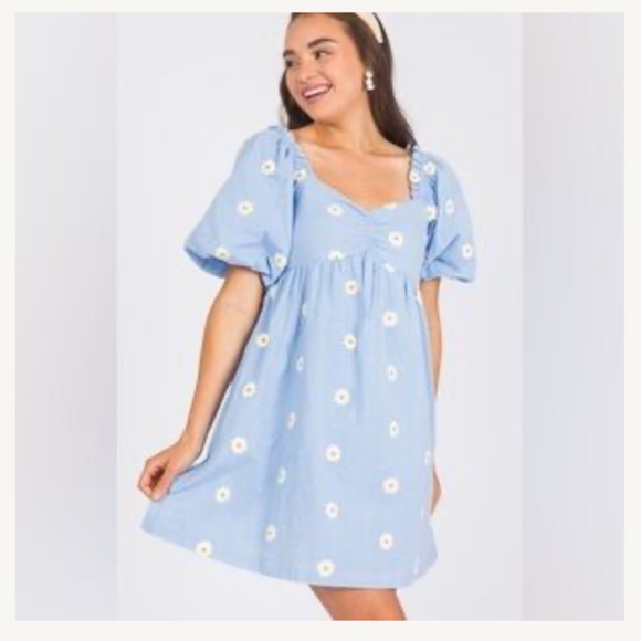 Altar’d State Blue Puffy Sleeve Daisy Dress Size Large - Picture 1 of 9